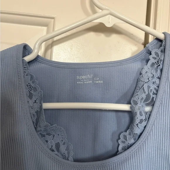 Aerie Pale Blue Cropped Top with Lace Detail - Picture 3 of 3
